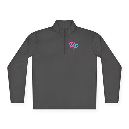 Prime script logo Quarter-Zip Pullover | retro neon VP chest design