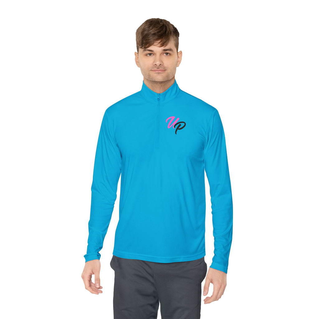 Prime script logo Quarter-Zip Pullover | retro neon VP chest design