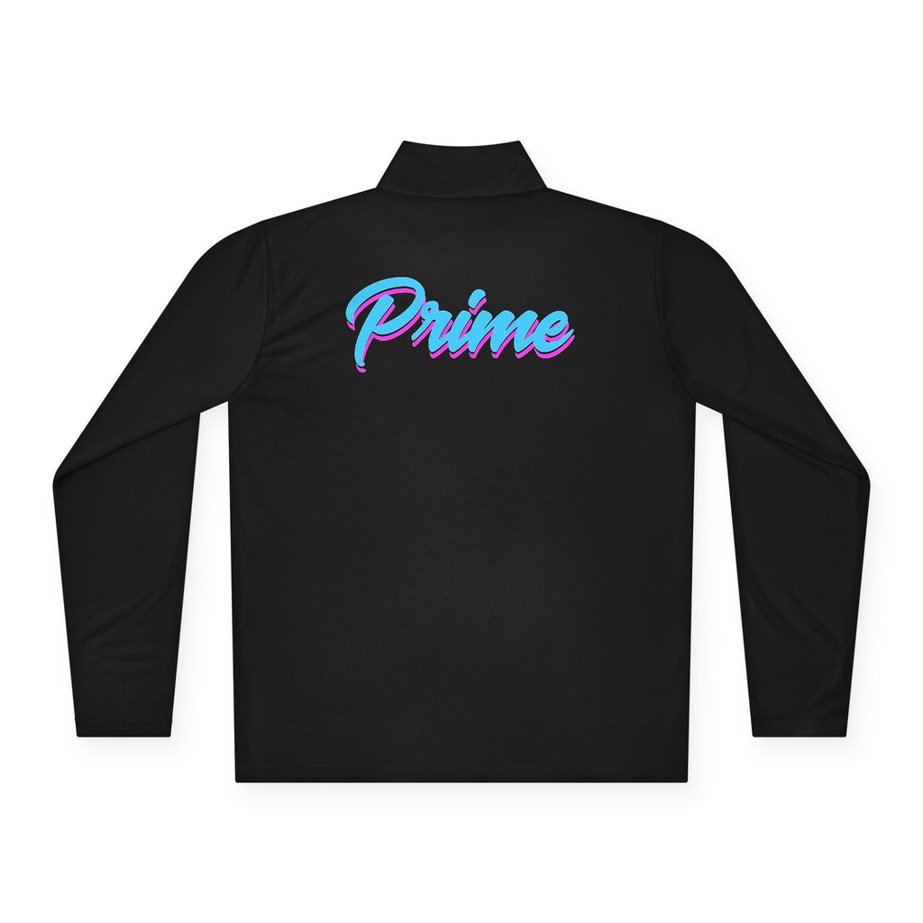 Prime script logo Quarter-Zip Pullover | retro neon VP chest design