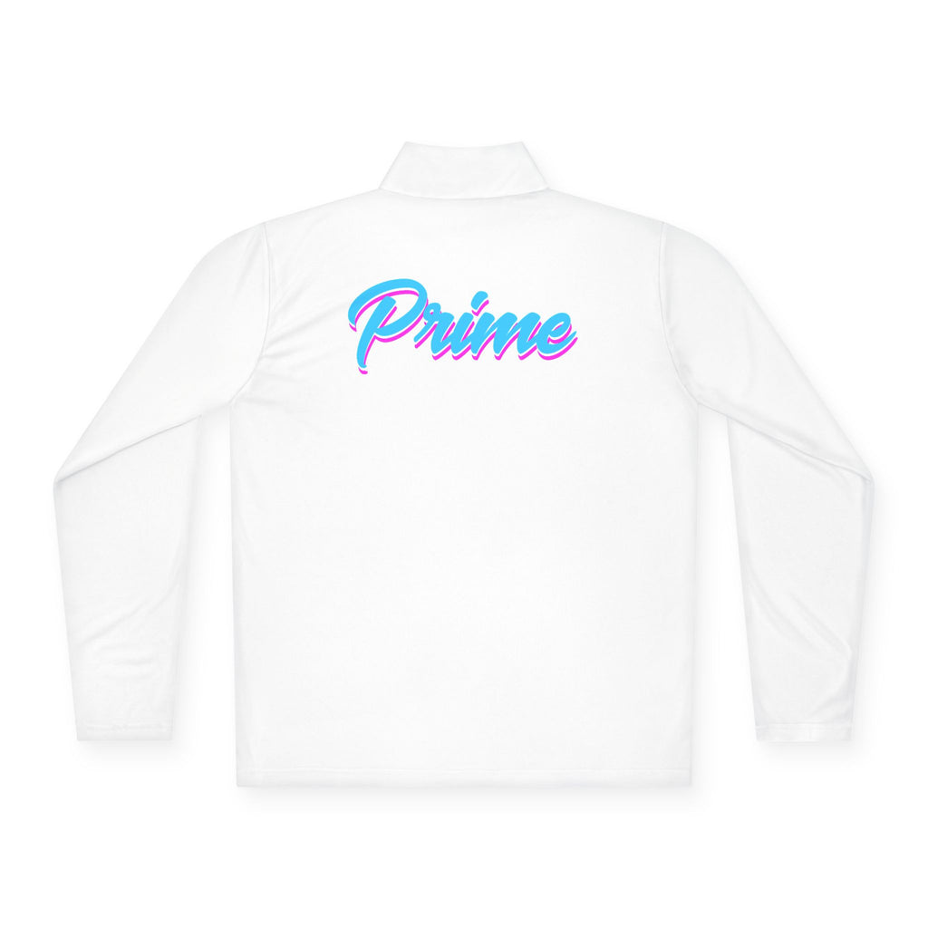 Prime script logo Quarter-Zip Pullover | retro neon VP chest design