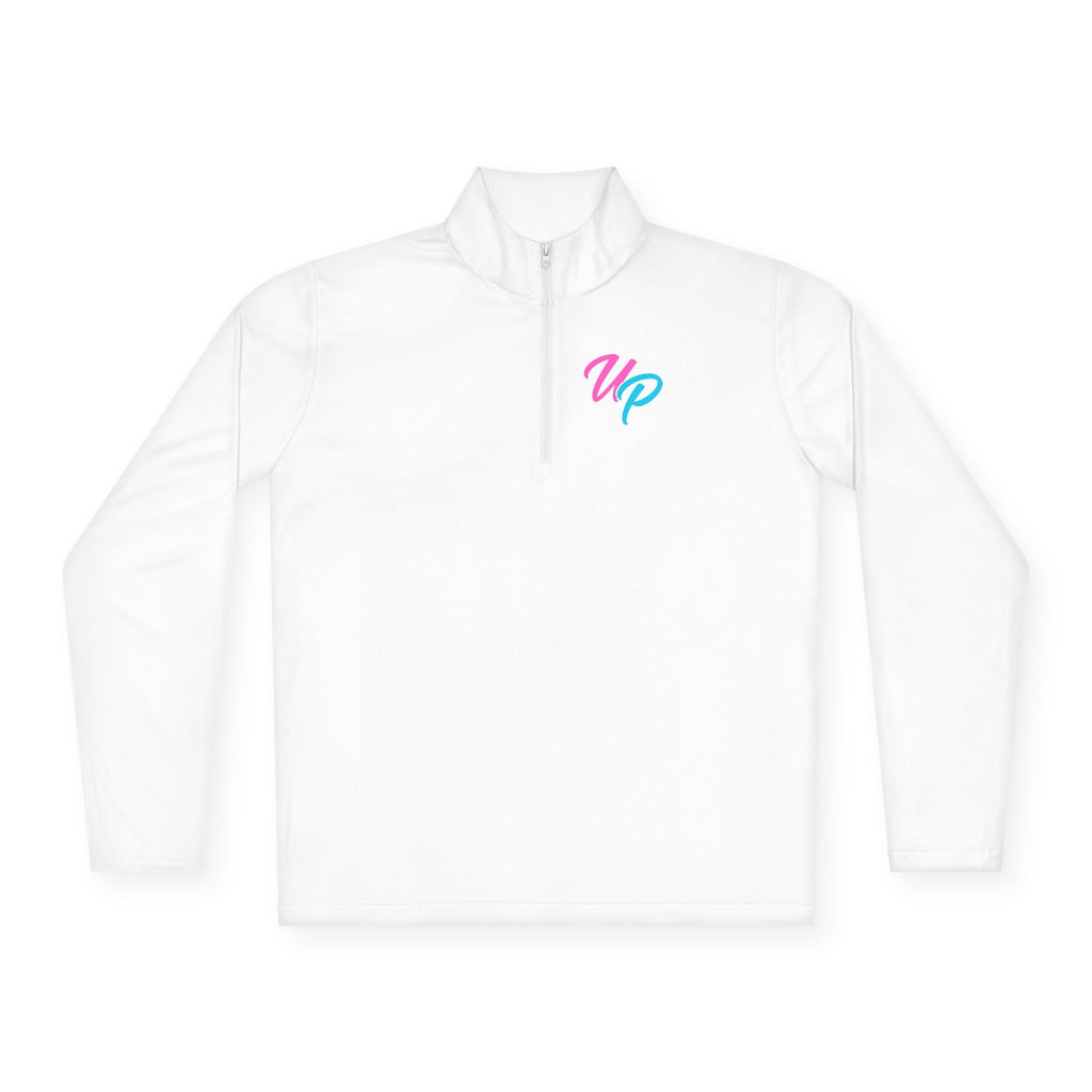 Prime script logo Quarter-Zip Pullover | retro neon VP chest design