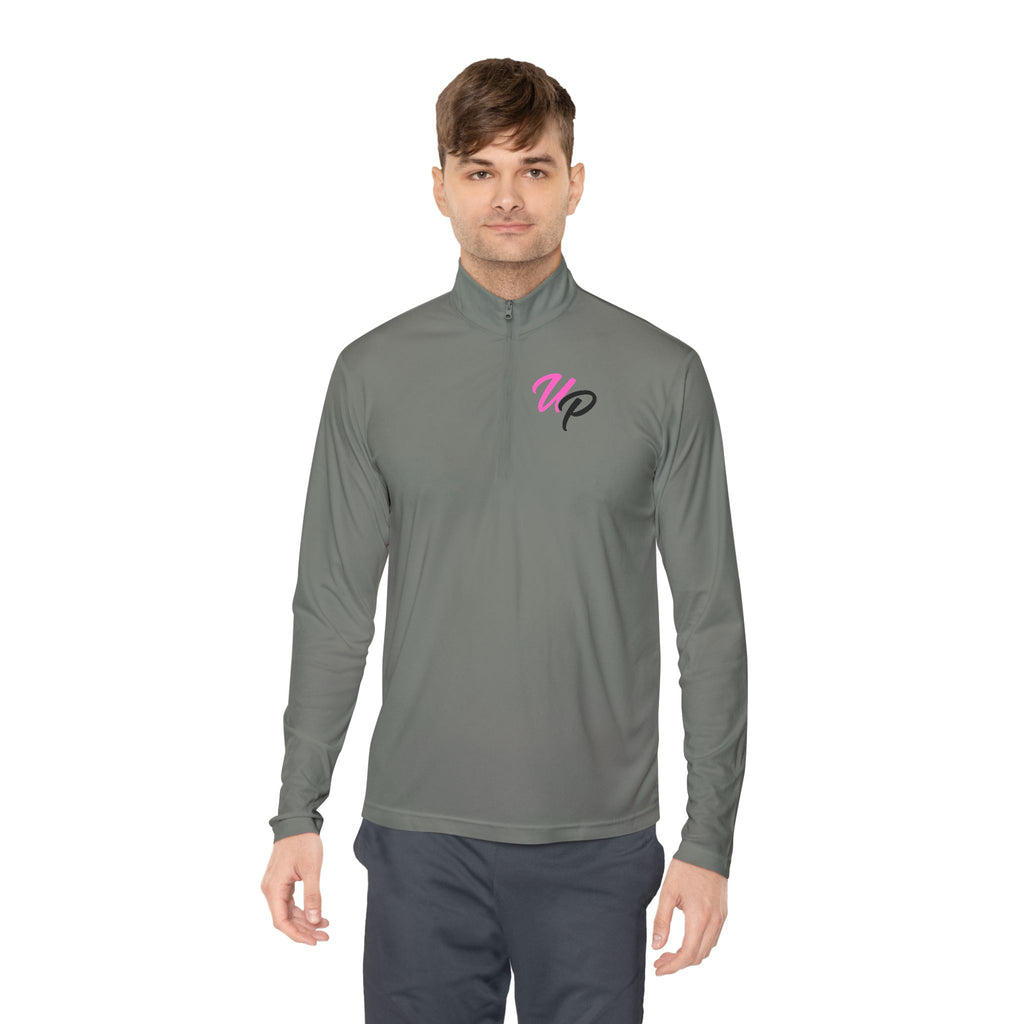 Prime script logo Quarter-Zip Pullover | retro neon VP chest design