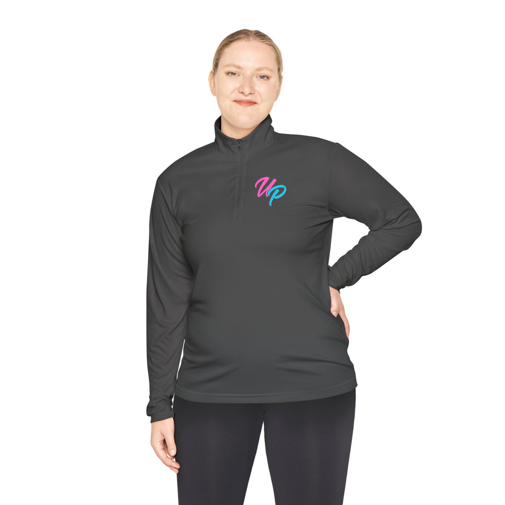 Prime script logo Quarter-Zip Pullover | retro neon VP chest design