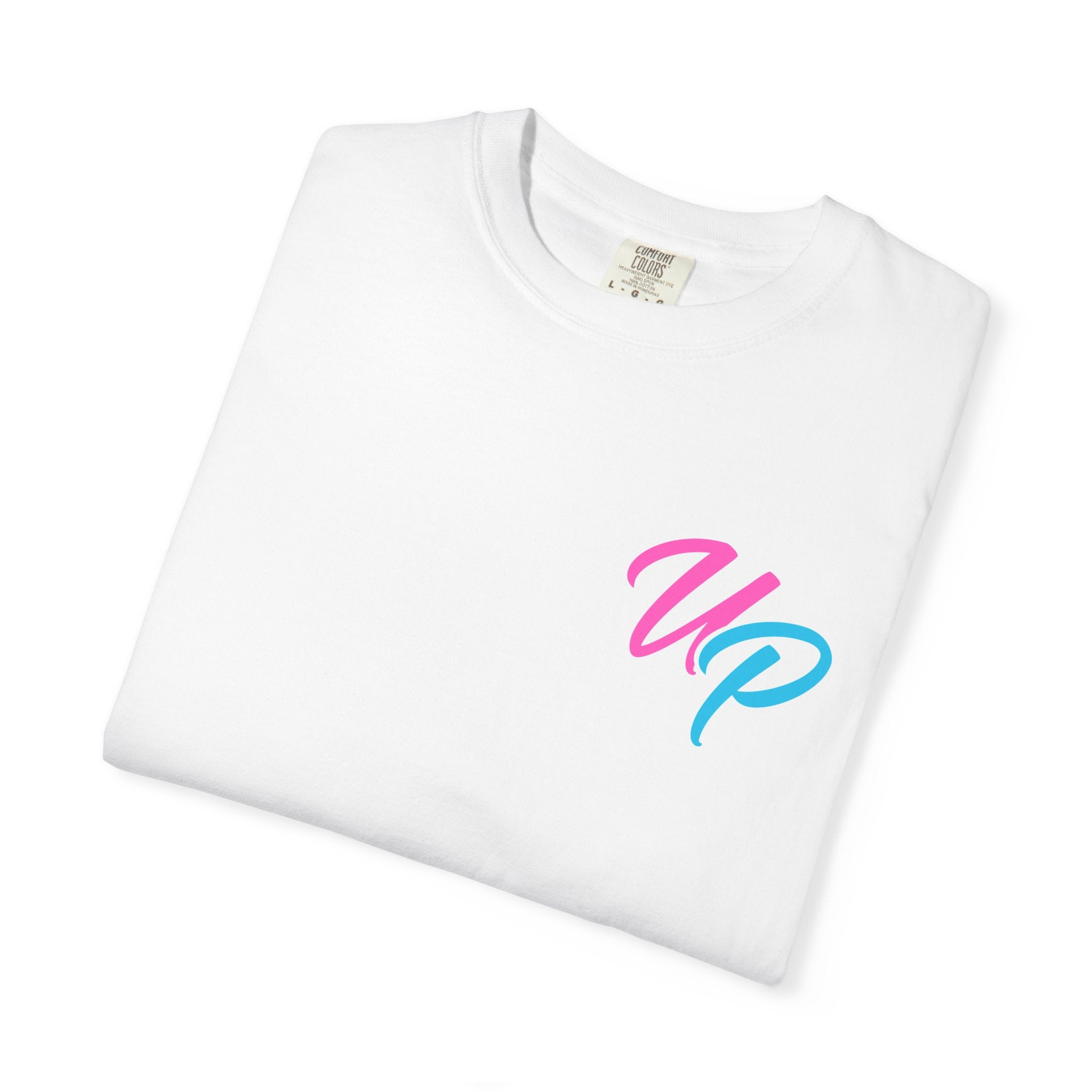 Up Script Pocket T-Shirt – Retro Pink & Blue Minimal Tee