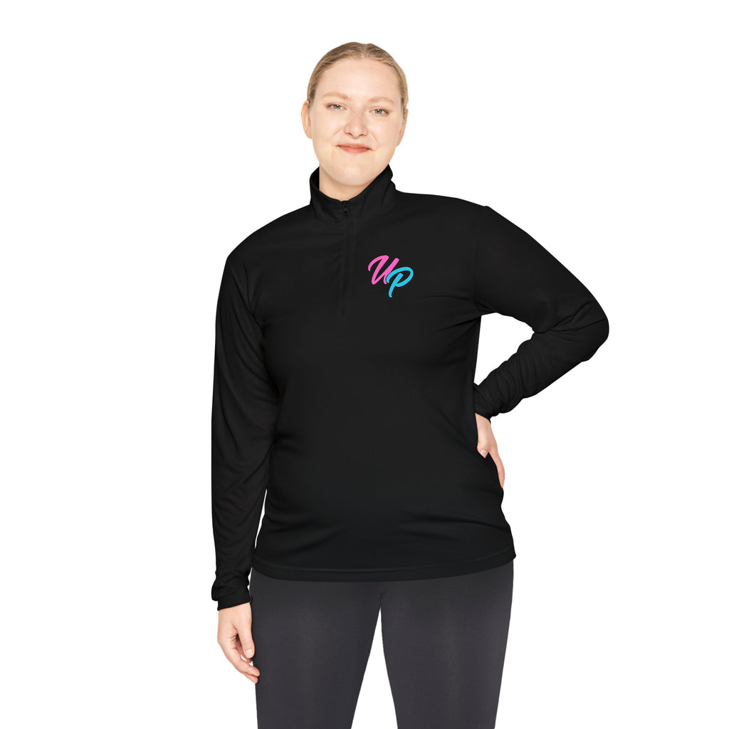 Prime script logo Quarter-Zip Pullover | retro neon VP chest design