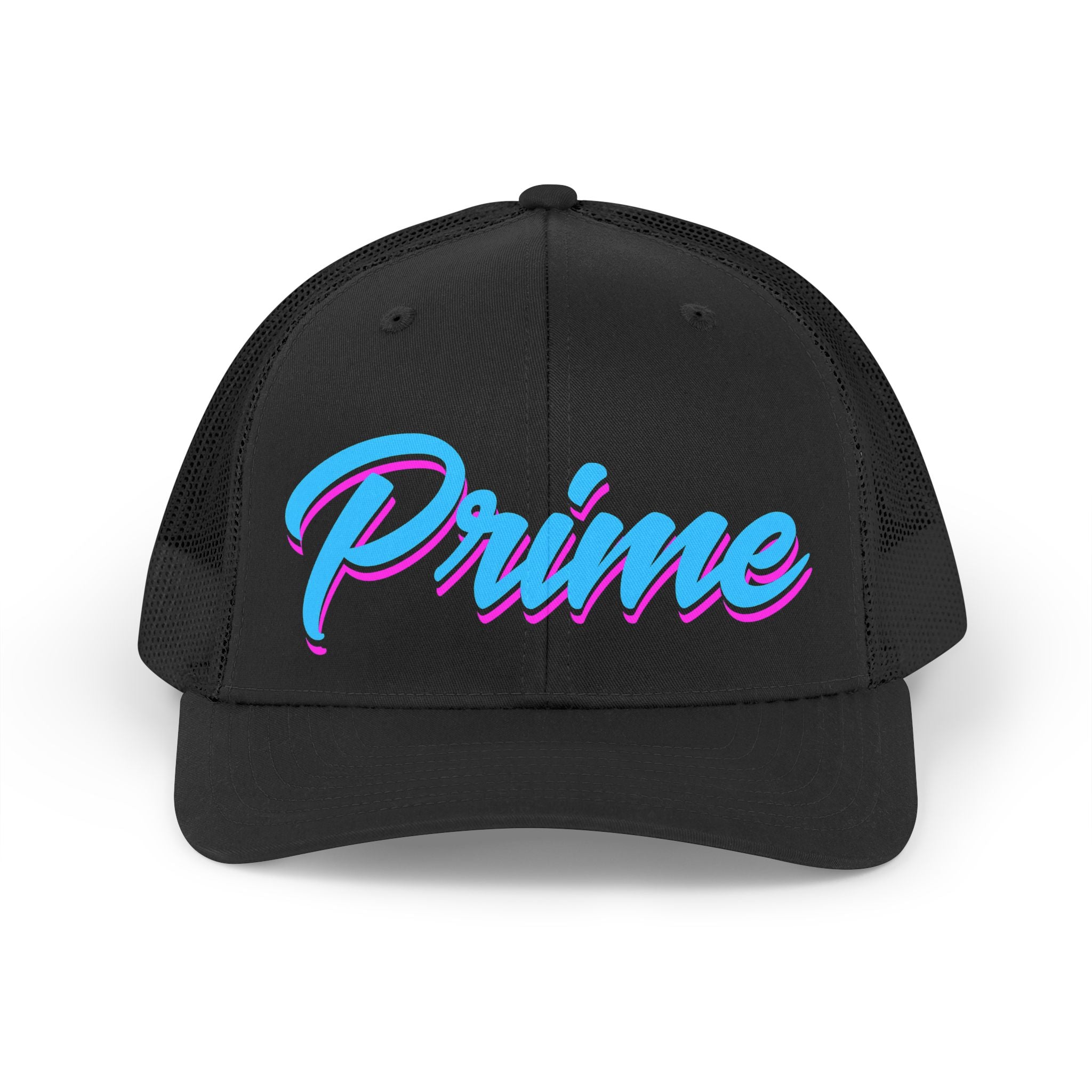 Prime script Trucker hat | Retro 80s vaporwave pink blue typography