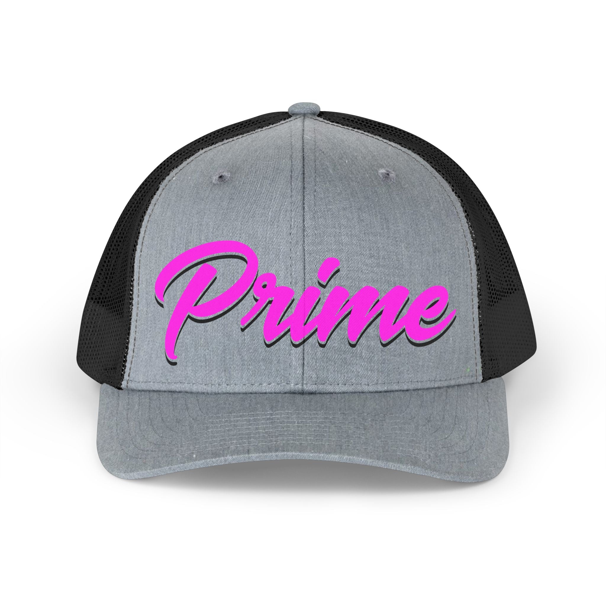Prime script Trucker hat | Retro 80s vaporwave pink blue typography
