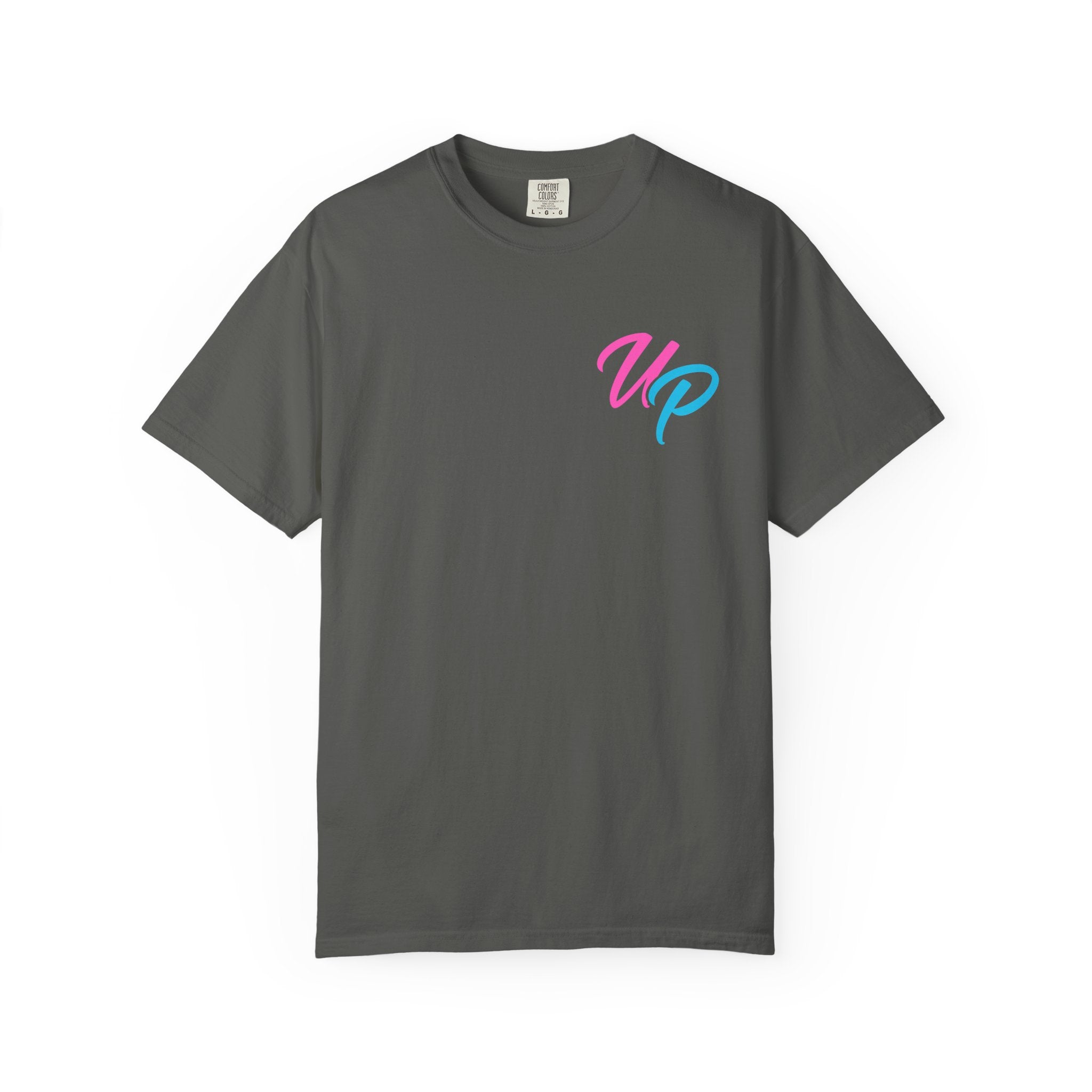 Up Script Pocket T-Shirt – Retro Pink & Blue Minimal Tee