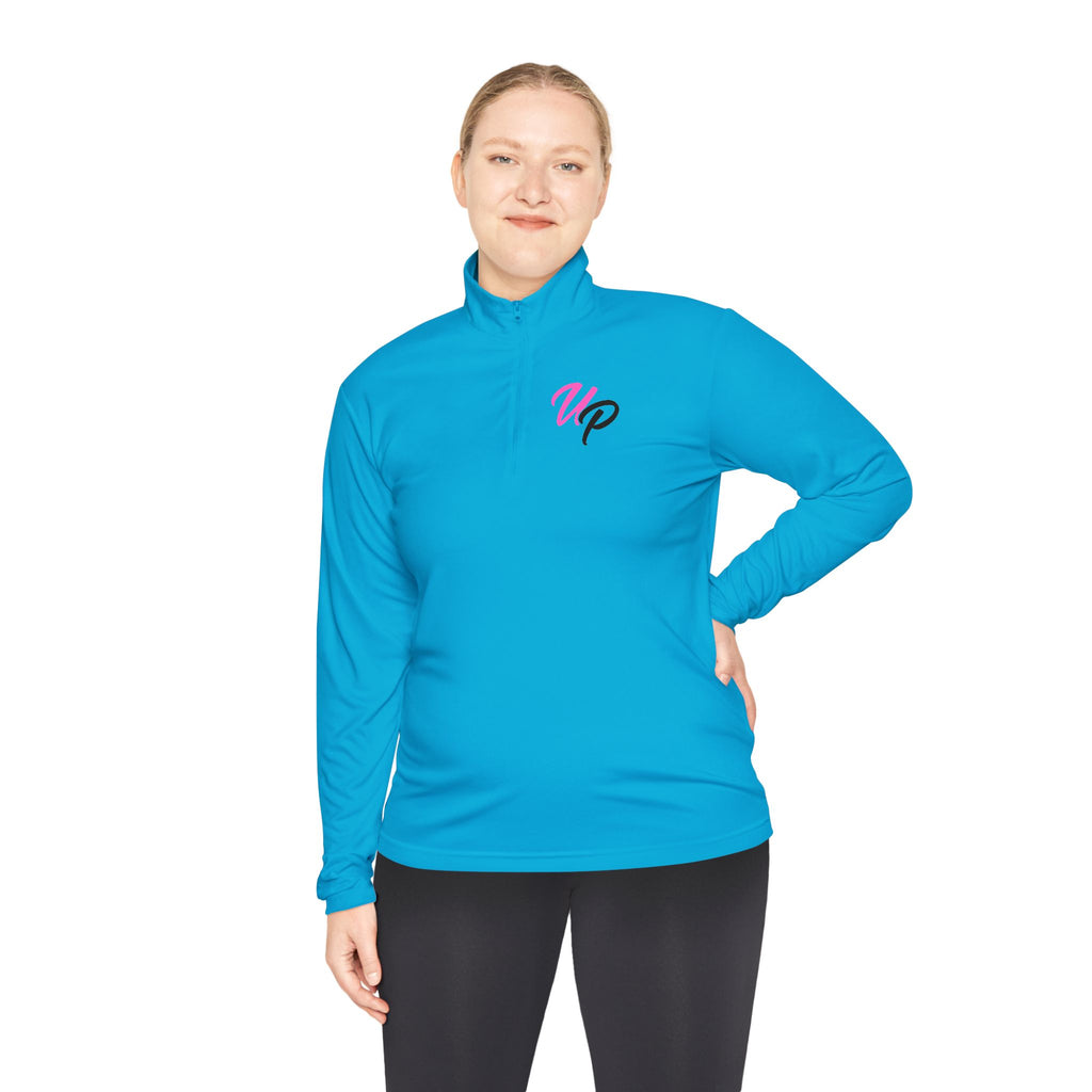 Prime script logo Quarter-Zip Pullover | retro neon VP chest design