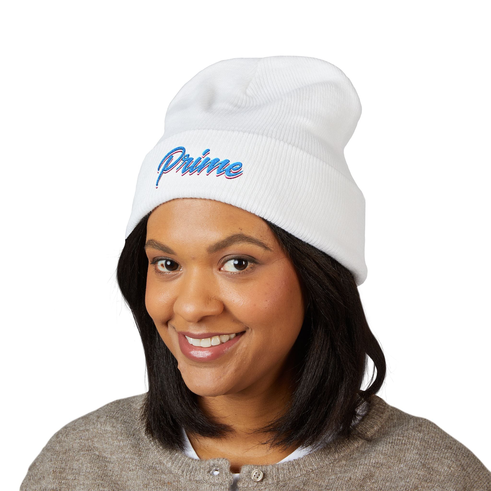Embroidered "Prime" Cuffed Beanie – Retro Script Knit Hat