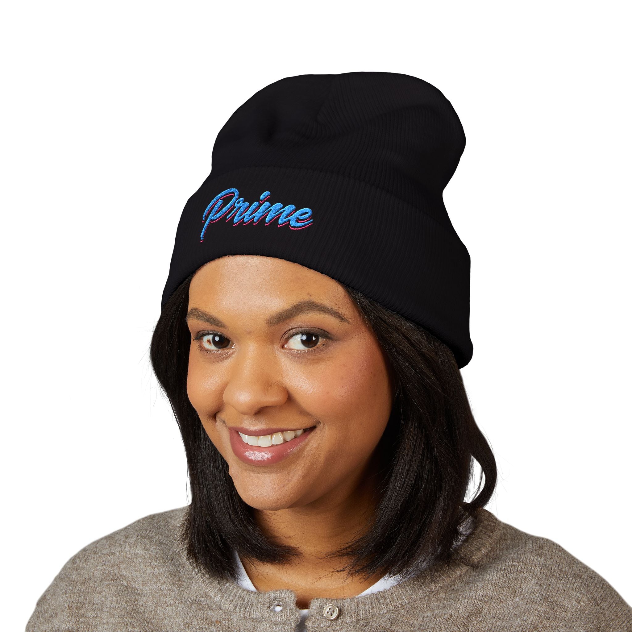 Embroidered "Prime" Cuffed Beanie – Retro Script Knit Hat