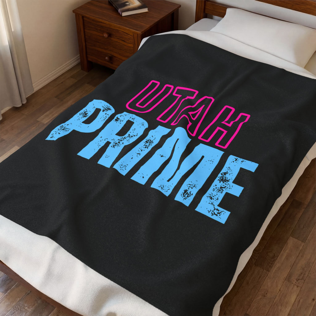 Velveteen Blanket — "UTAH PRIME" Retro Neon Text Plush Throw
