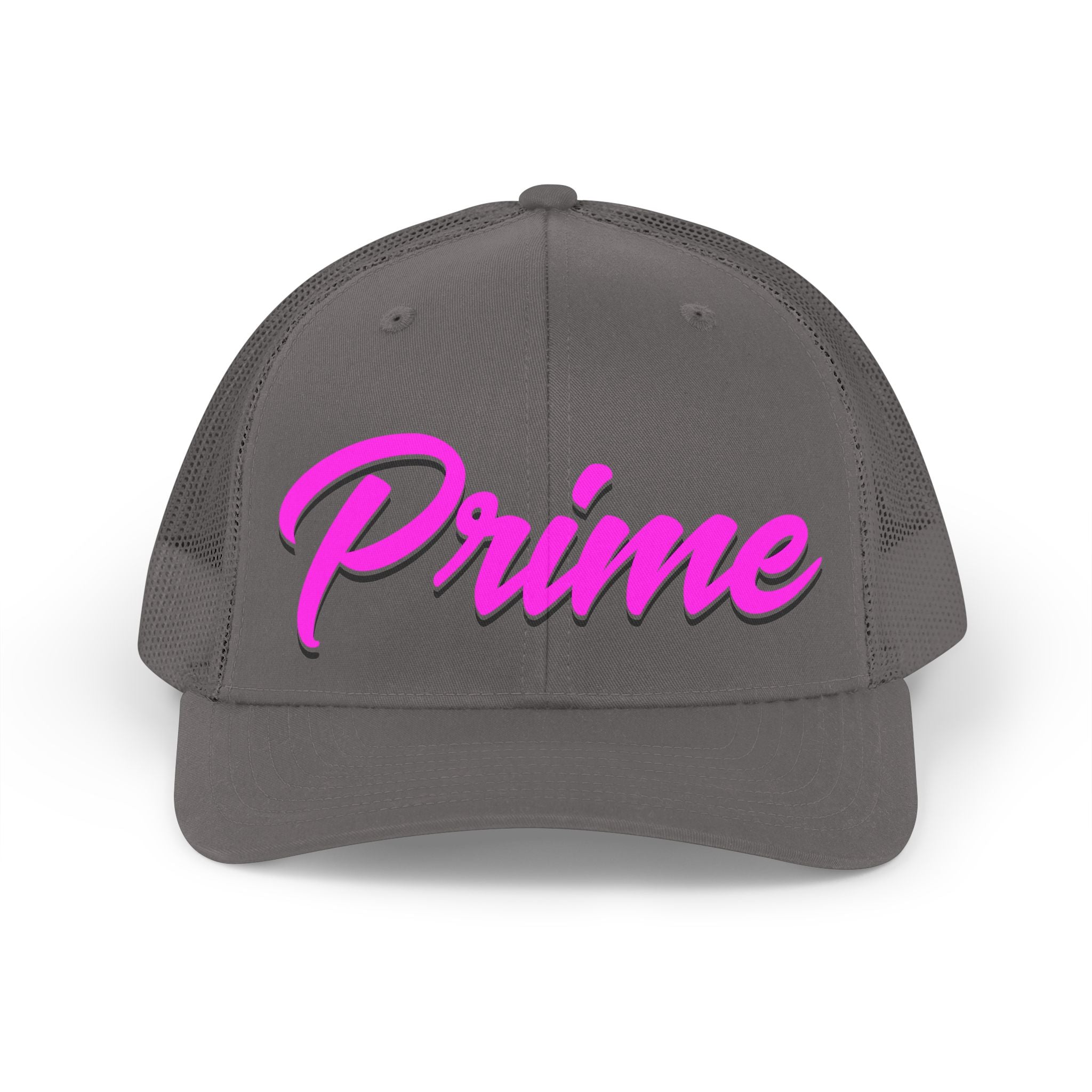 Prime script Trucker hat | Retro 80s vaporwave pink blue typography