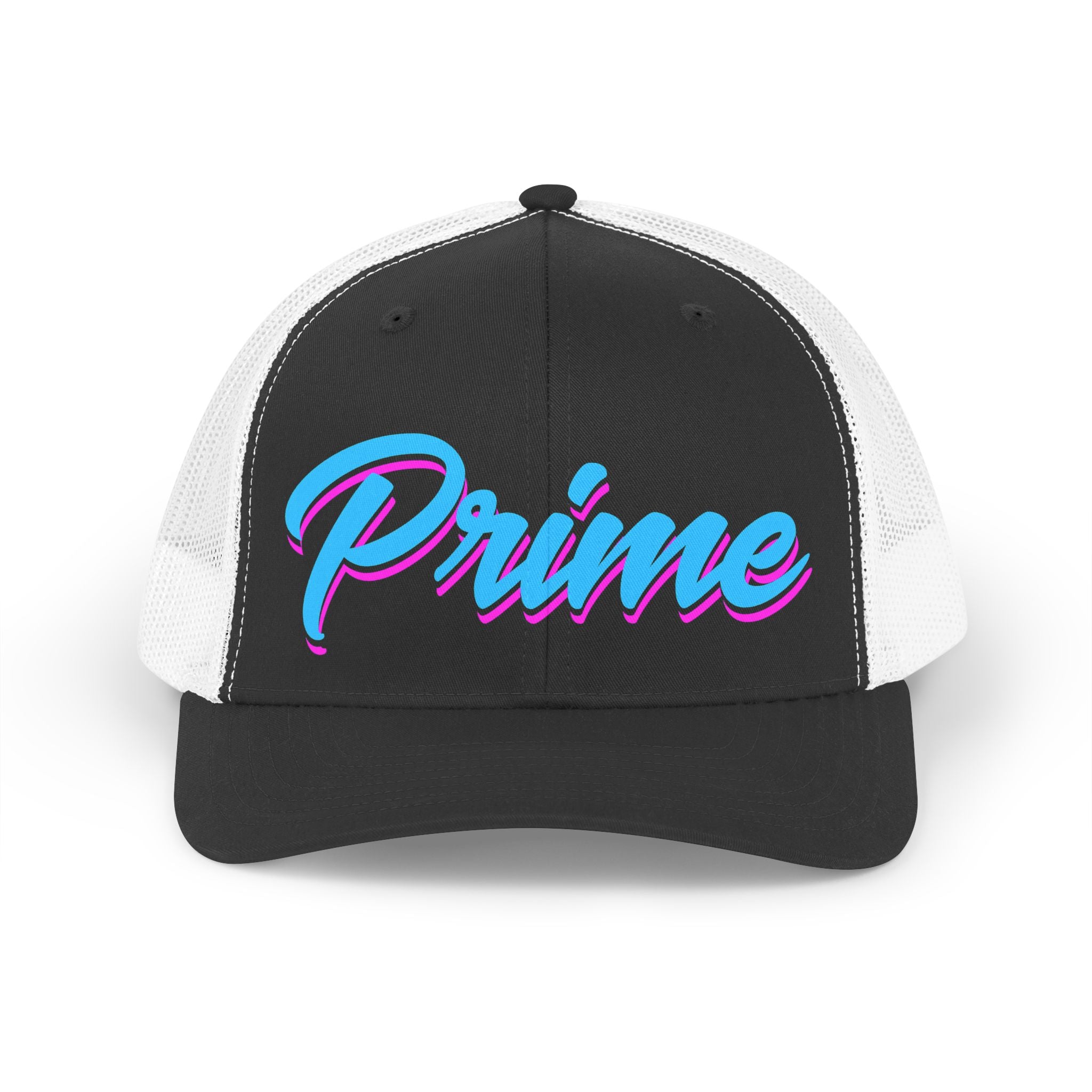 Prime script Trucker hat | Retro 80s vaporwave pink blue typography