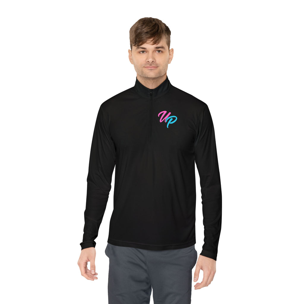 Prime script logo Quarter-Zip Pullover | retro neon VP chest design