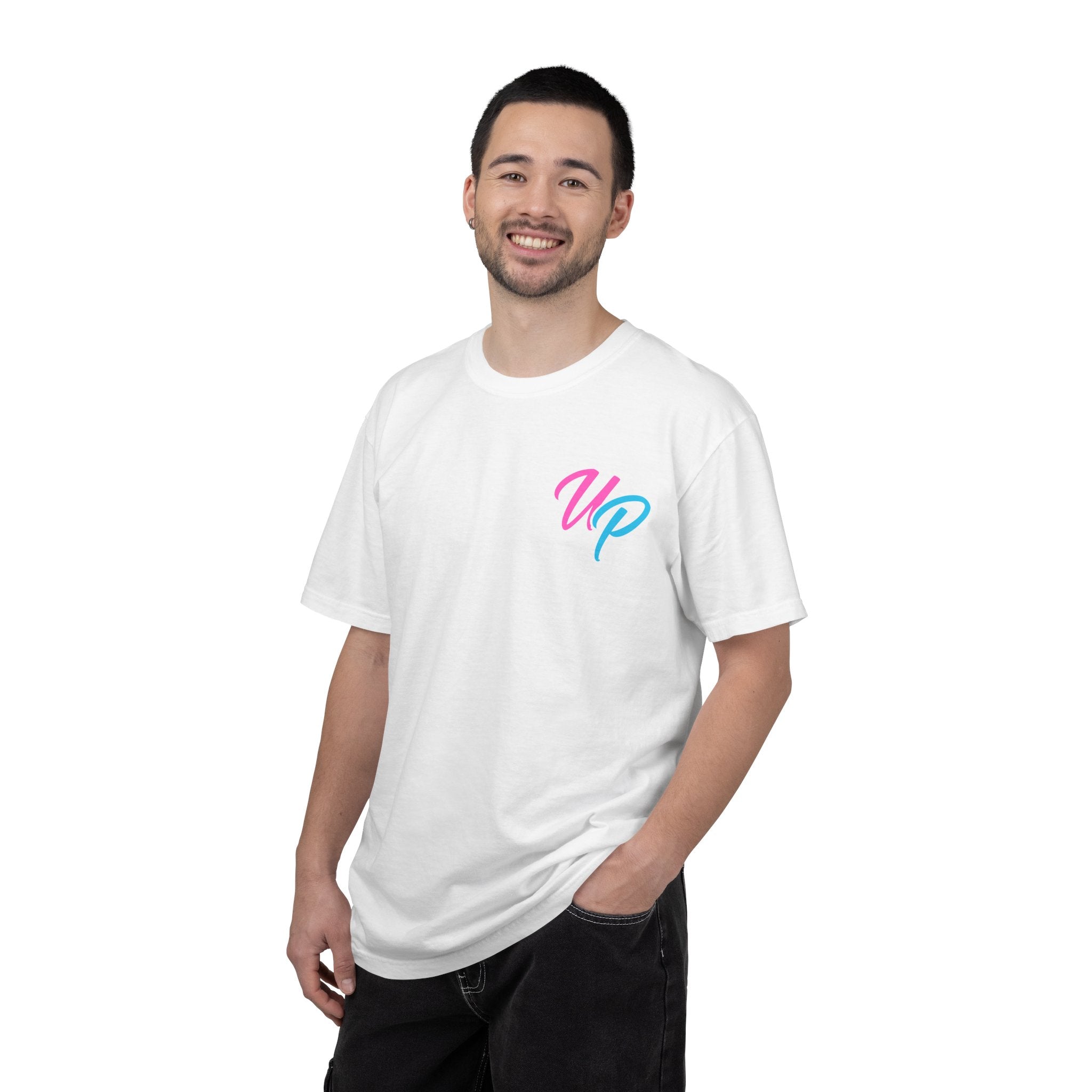 Up Script Pocket T-Shirt – Retro Pink & Blue Minimal Tee