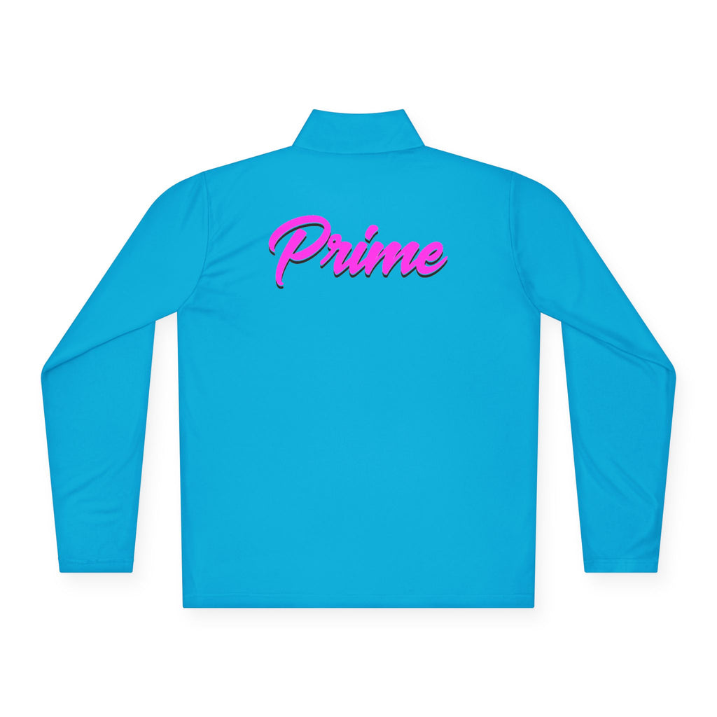 Prime script logo Quarter-Zip Pullover | retro neon VP chest design