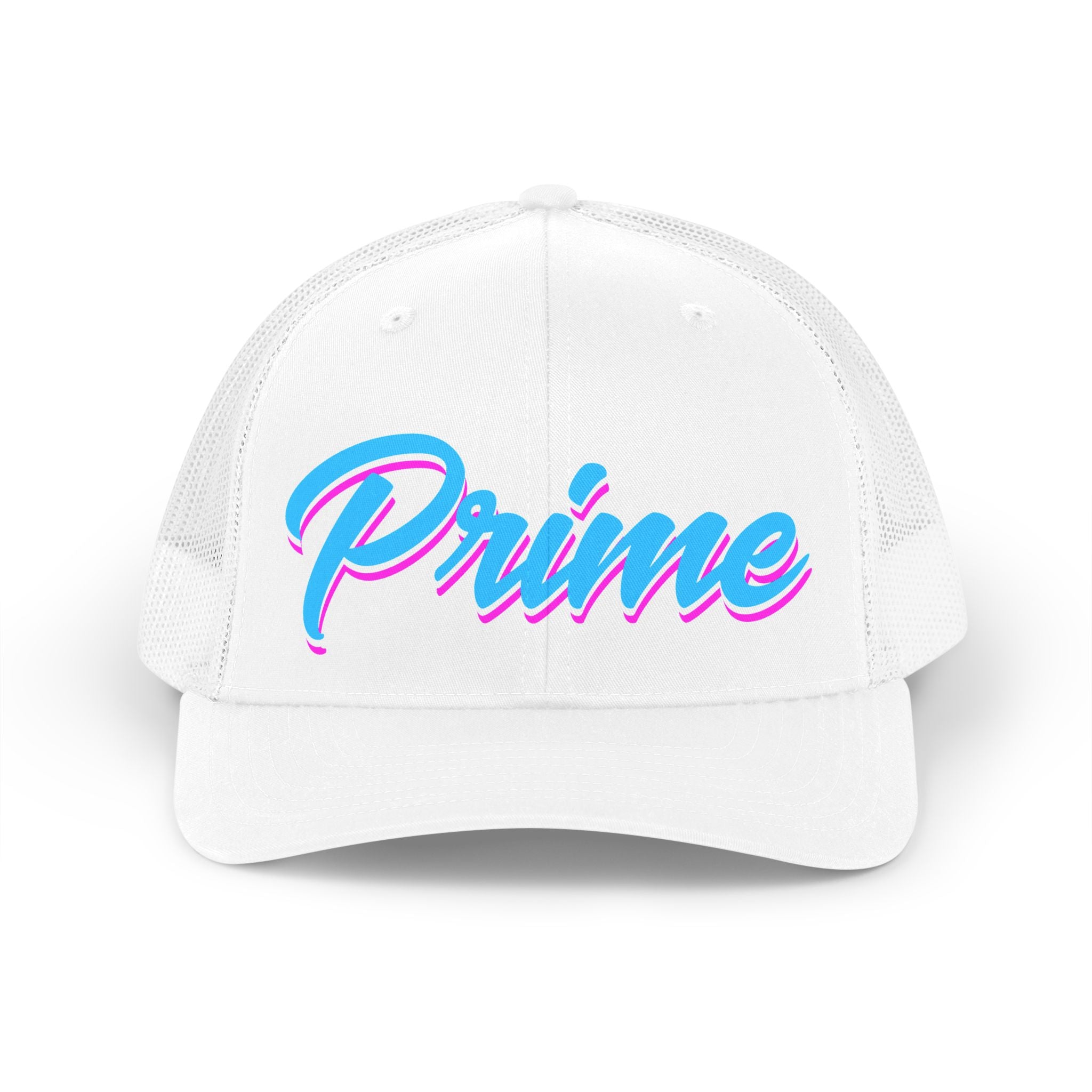Prime script Trucker hat | Retro 80s vaporwave pink blue typography