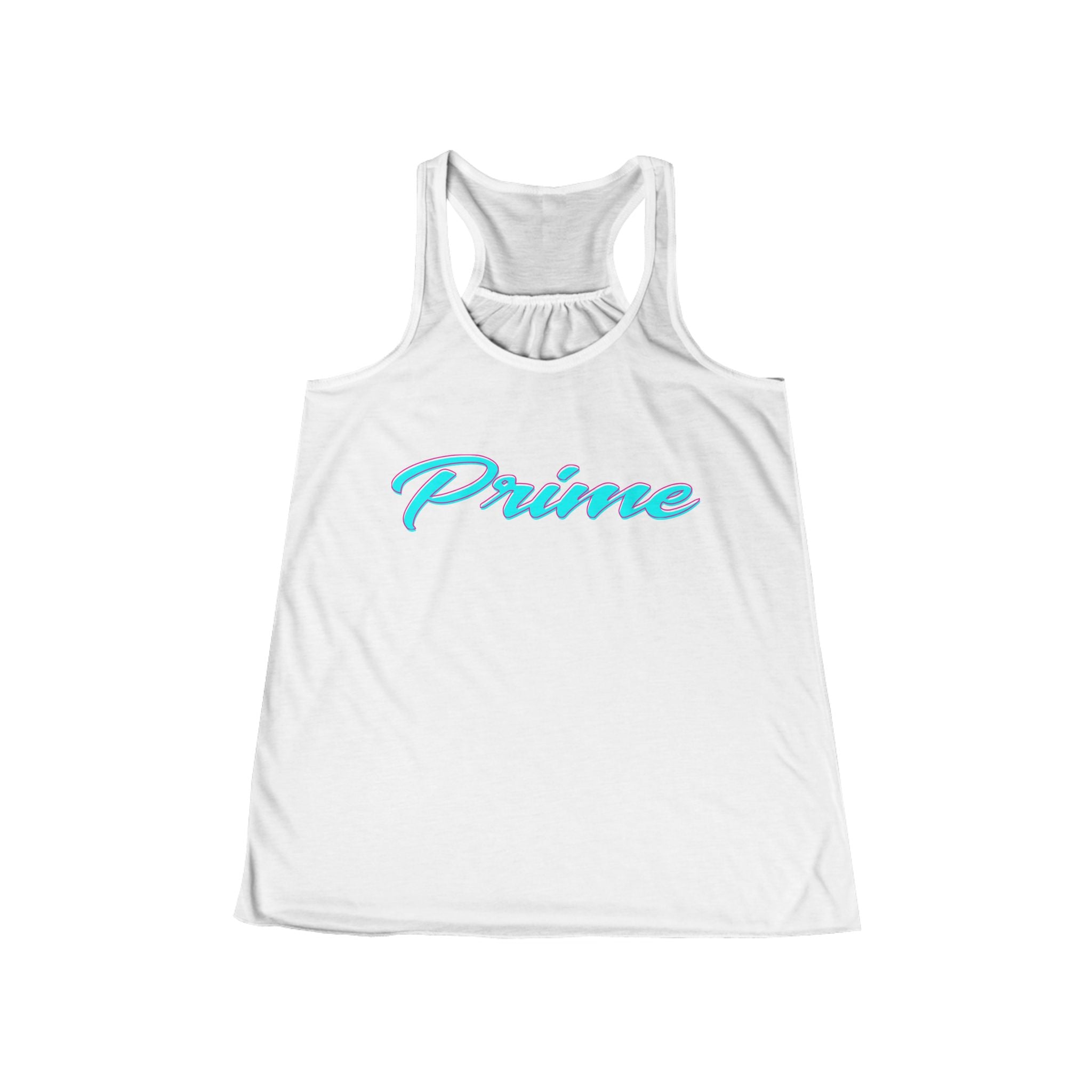 Prime script tank top | white racerback tank with teal retro script