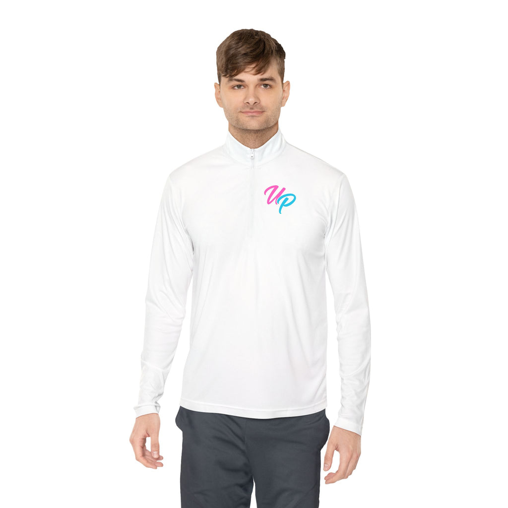 Prime script logo Quarter-Zip Pullover | retro neon VP chest design