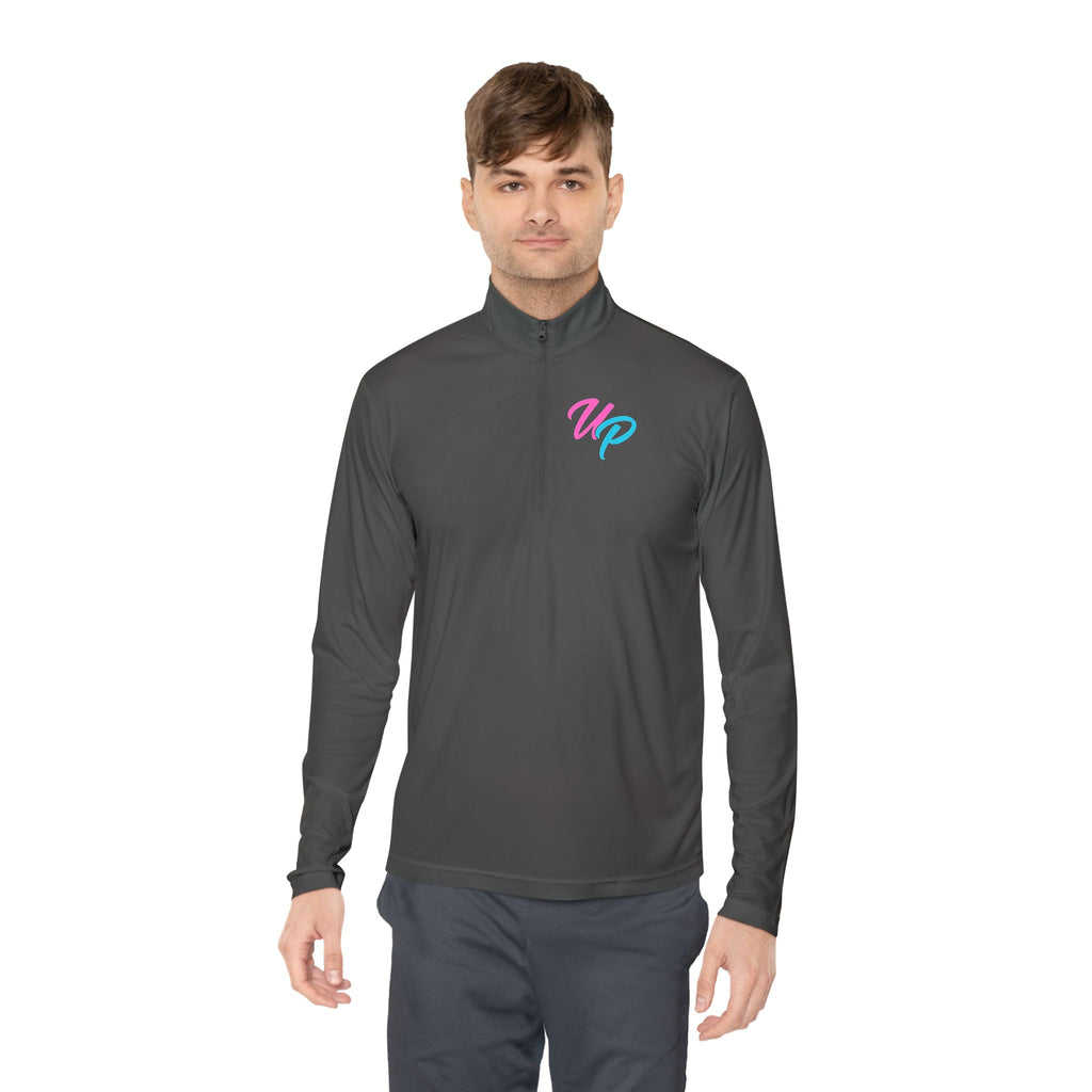 Prime script logo Quarter-Zip Pullover | retro neon VP chest design